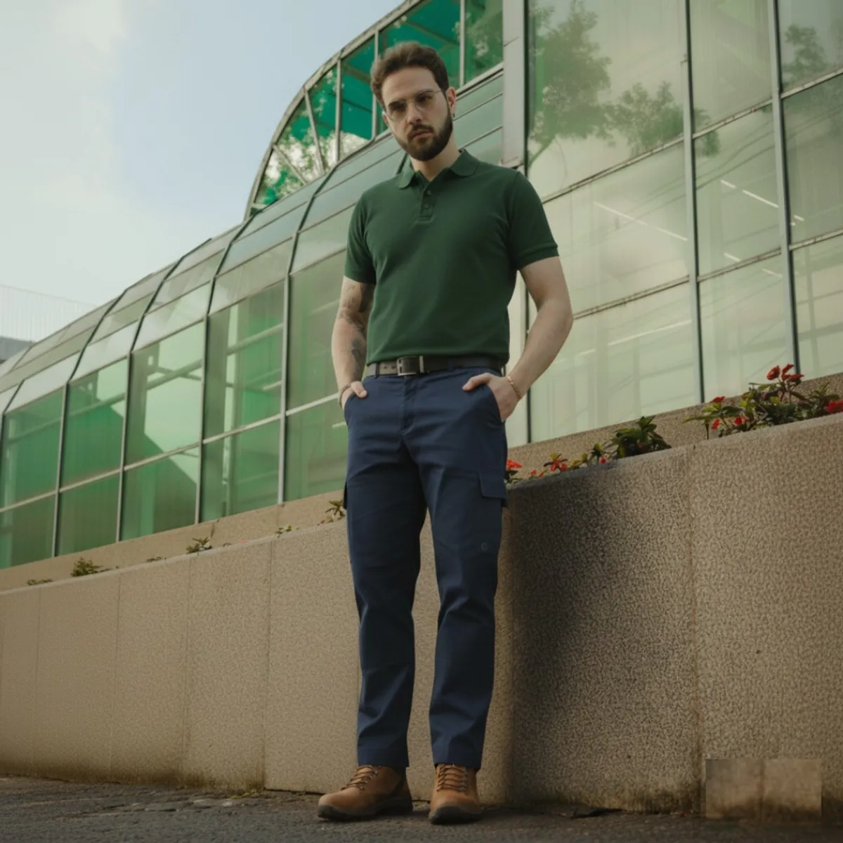 T-WORLD - Pantalón de trabajo cargo gabardina cintura elásticada