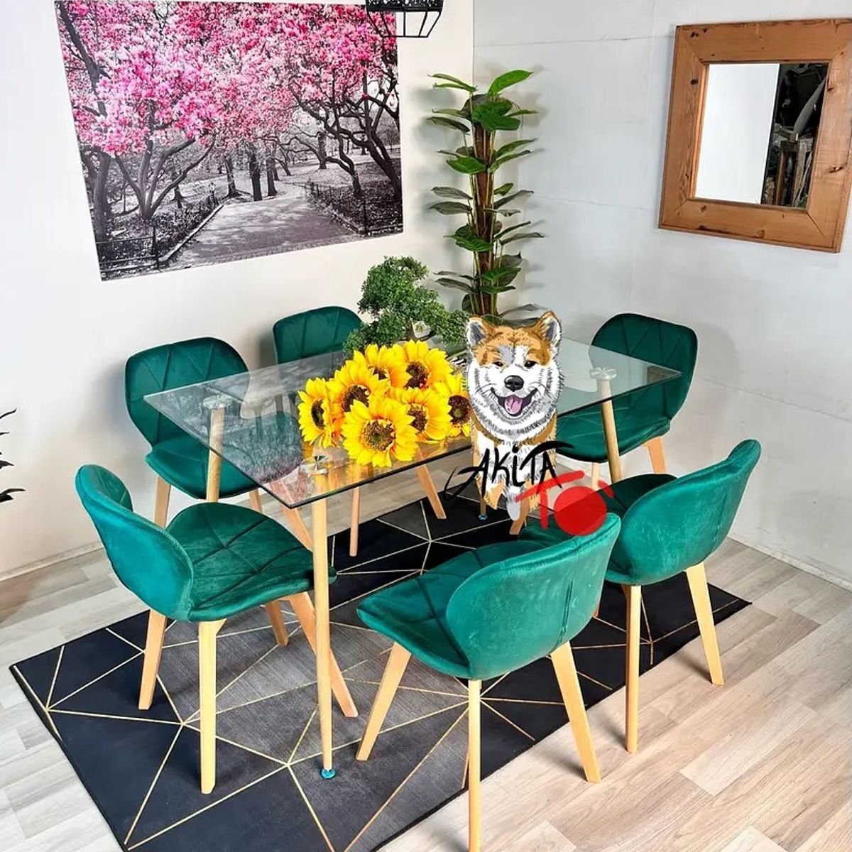 GENERICO - Comedor Tanzania (Mesa 120X80 VIDRIO + 6 Sillas radar velvet VERDE)