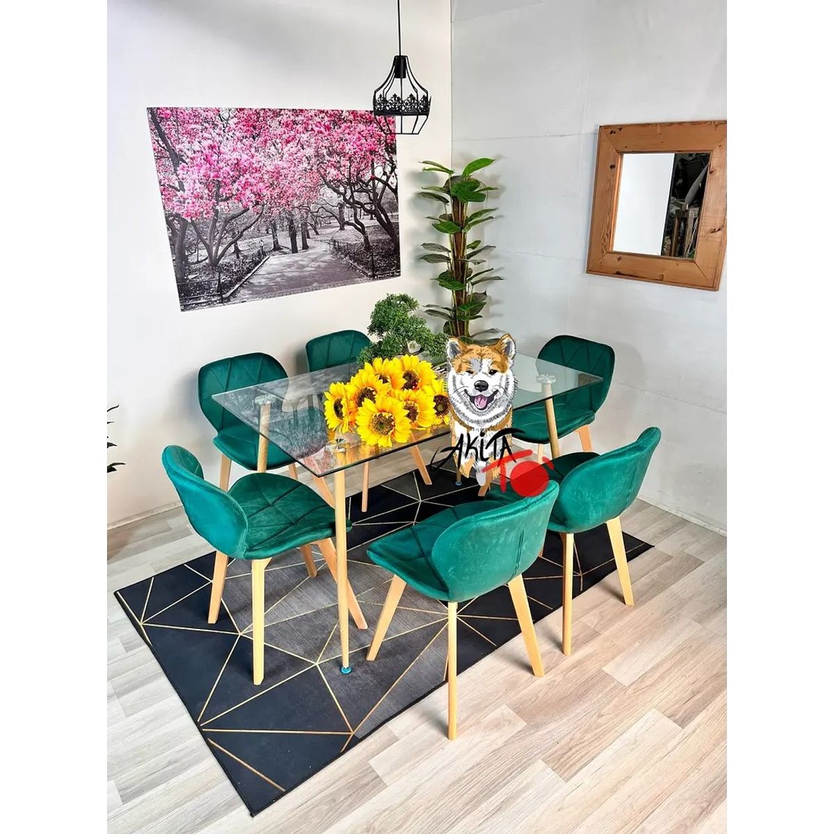 GENERICO - Comedor Tanzania (Mesa 120X80 VIDRIO + 6 Sillas radar velvet VERDE)