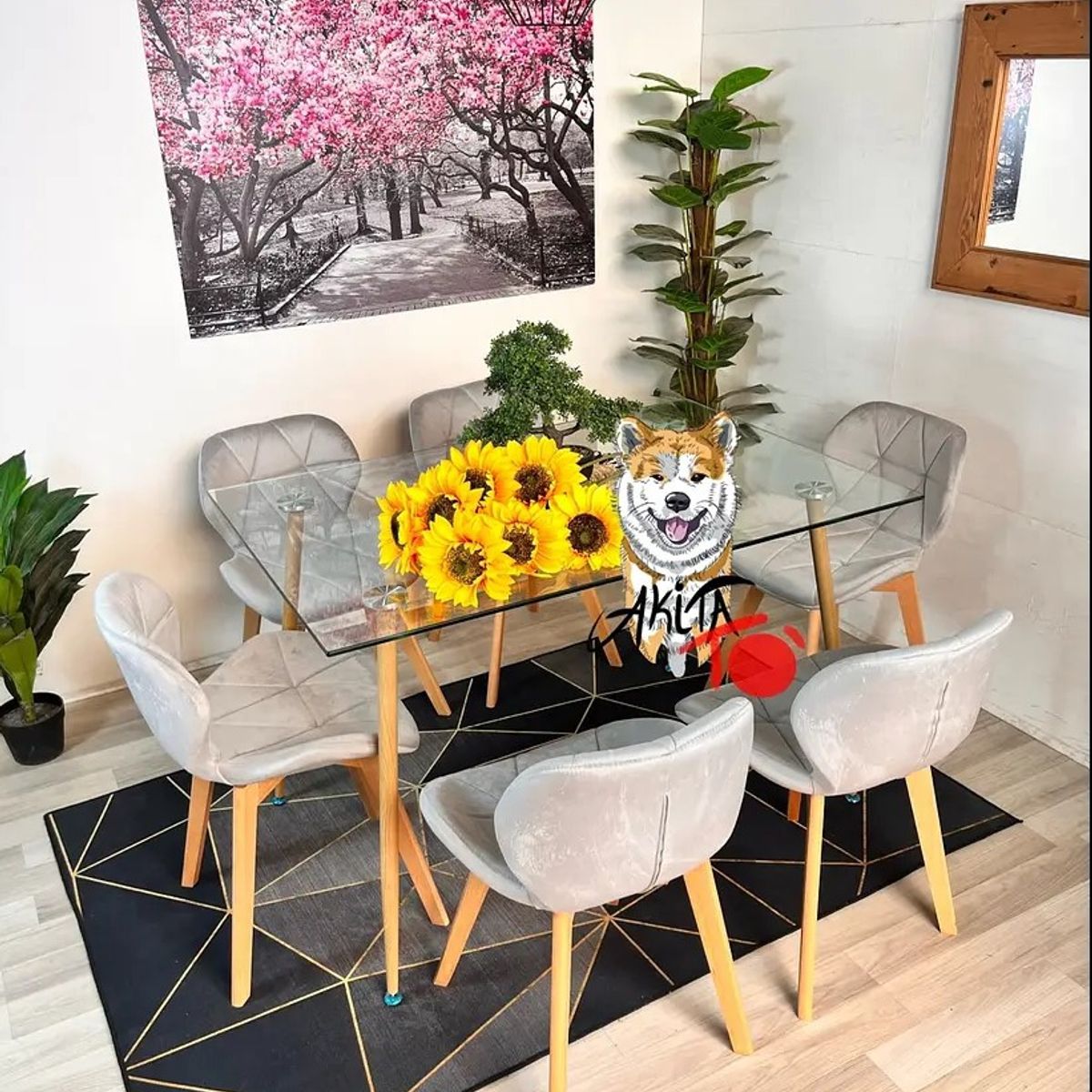 GENERICO - Comedor Tanzania (Mesa 120X80 VIDRIO + 6 Sillas radar velvet GRIS)