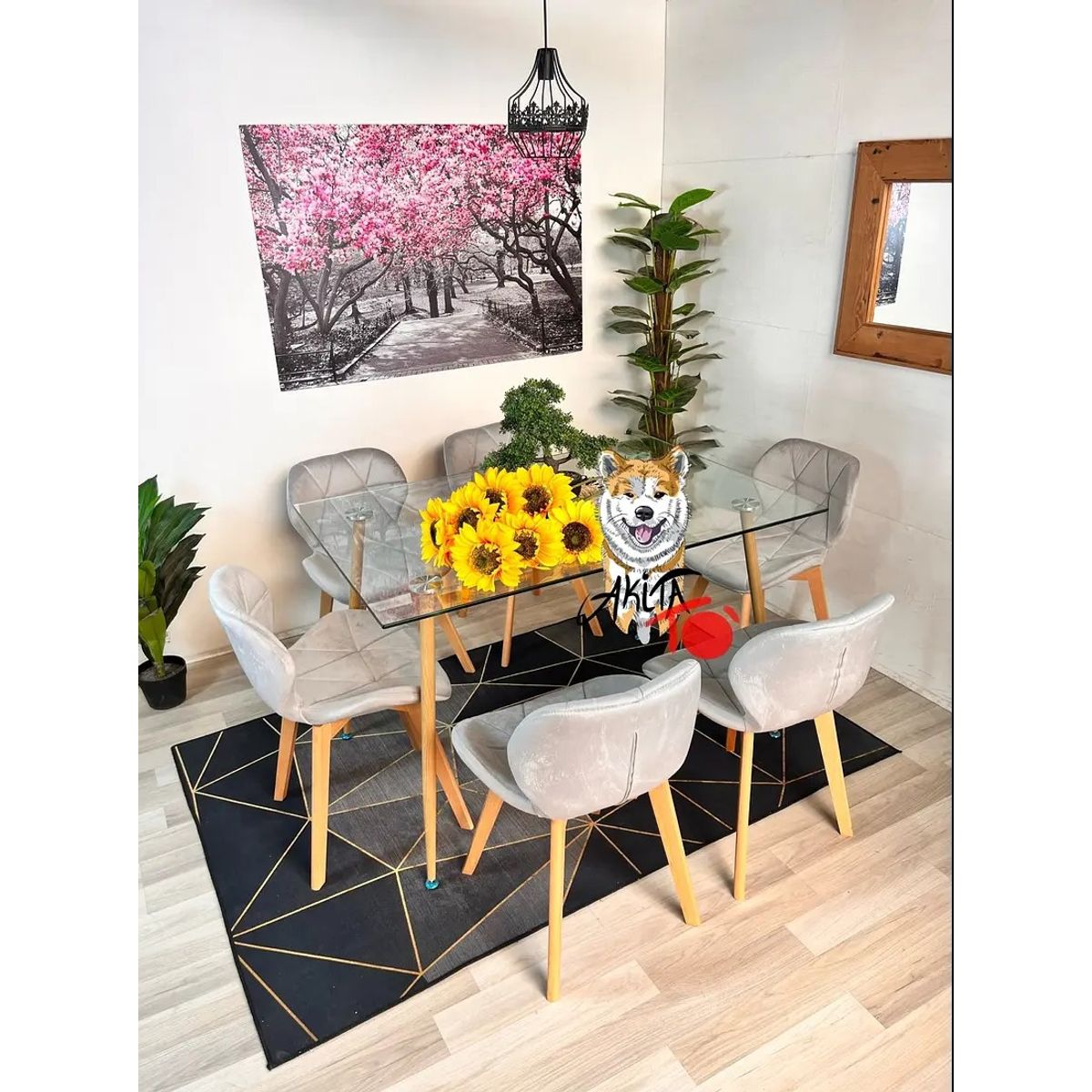 GENERICO - Comedor Tanzania (Mesa 120X80 VIDRIO + 6 Sillas radar velvet GRIS)