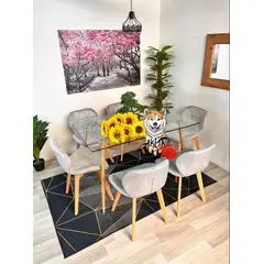 GENERICO - Comedor Tanzania (Mesa 120X80 VIDRIO + 6 Sillas radar velvet GRIS)