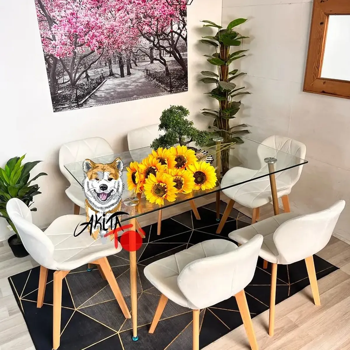 GENERICO - Comedor Tanzania (Mesa 120X80 VIDRIO + 6 Sillas radar velvet BLANCO)