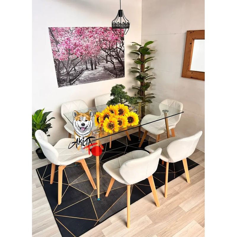 GENERICO - Comedor Tanzania (Mesa 120X80 VIDRIO + 6 Sillas radar velvet BLANCO)