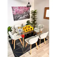 GENERICO - Comedor Tanzania (Mesa 120X80 VIDRIO + 6 Sillas radar velvet BLANCO)
