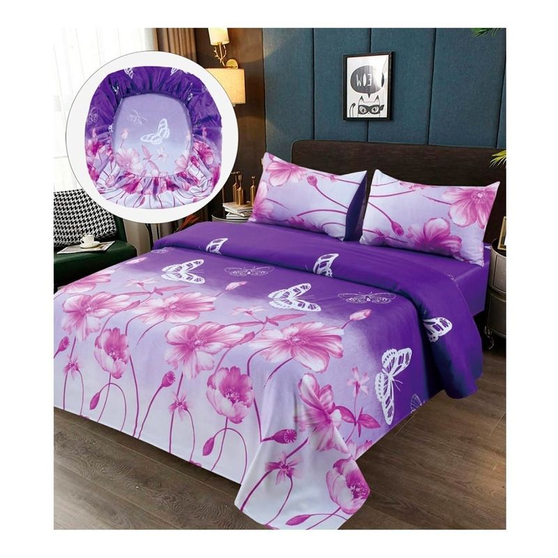 GENERICO - Sabanas Premium  Algodón 2.5 Plazas King Lila Flores