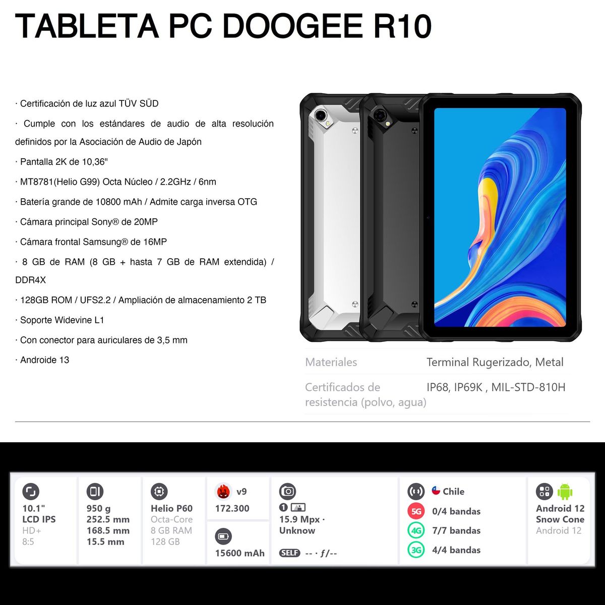 DOOGEE - Tablet y Celular Dualsim 4G Rugged Doogee R10 - Resistente Golpes Agua Polvo - Android 12