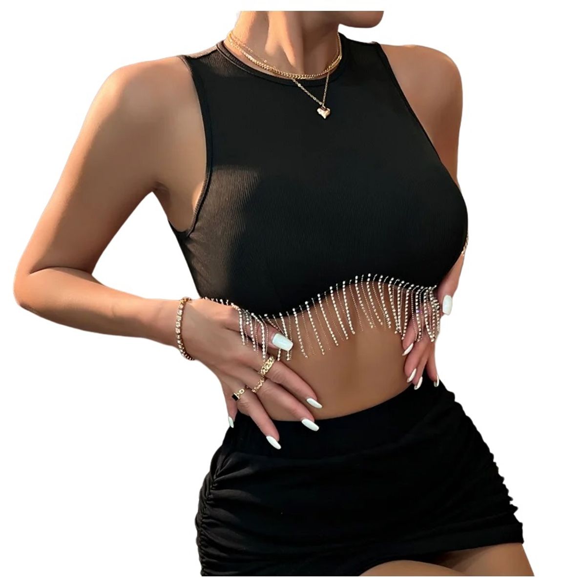 GARSIL - Top Corto Para Mujer Con Fleco Y Brillos - Crops Sin Mangas Con Cierre