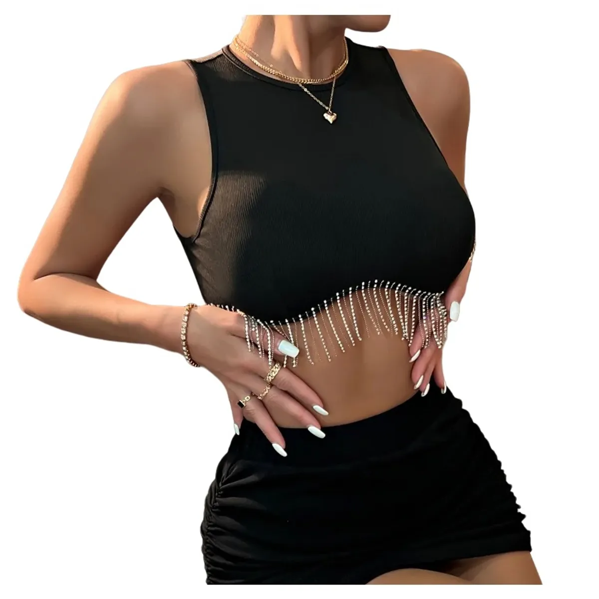 GARSIL - Top Corto Para Mujer Con Fleco Y Brillos - Crops Sin Mangas Con Cierre