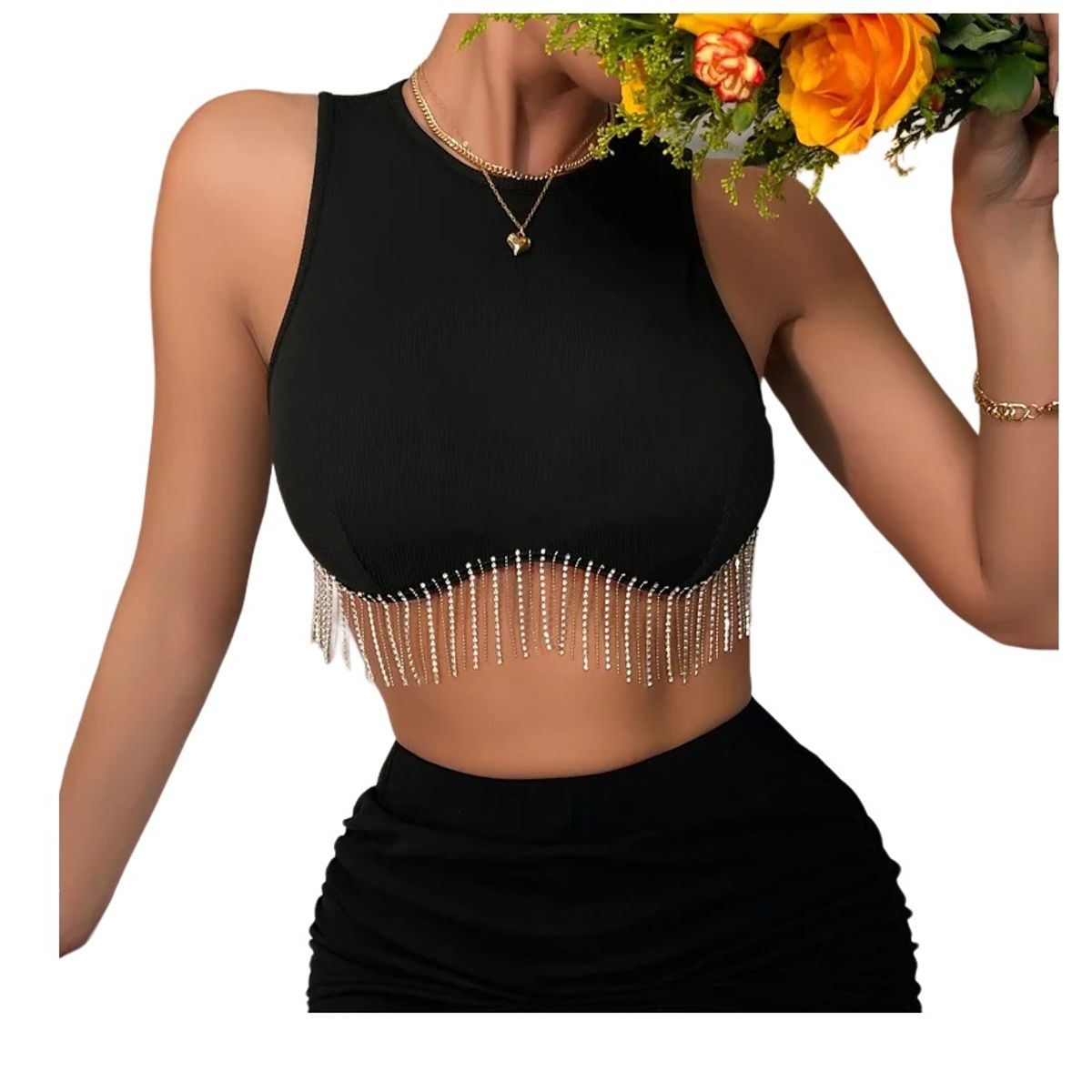 GARSIL - Top Corto Para Mujer Con Fleco Y Brillos - Crops Sin Mangas Con Cierre