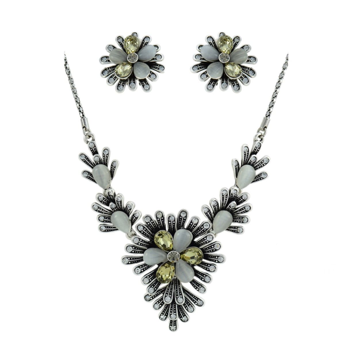 VANE COLLECTION - Collar para mujer cadena conjunto con aros broche omega y colgante corto baño rodio y cristal