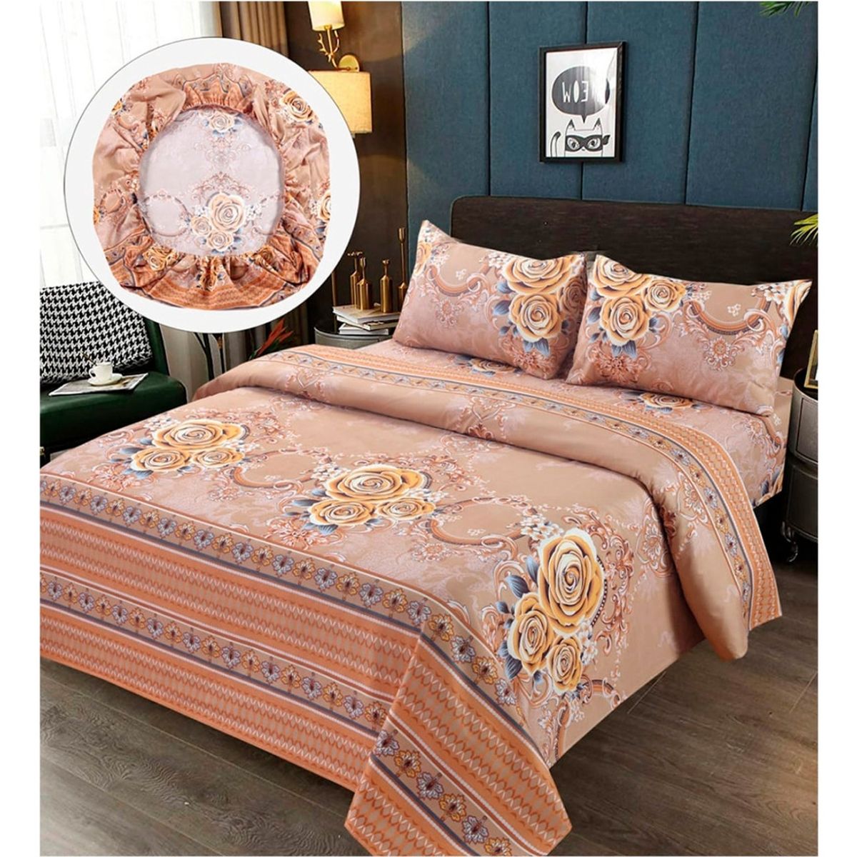 GENERICO - Sabanas Premium  Algodón 2.5 Plaza King Naranja Flor