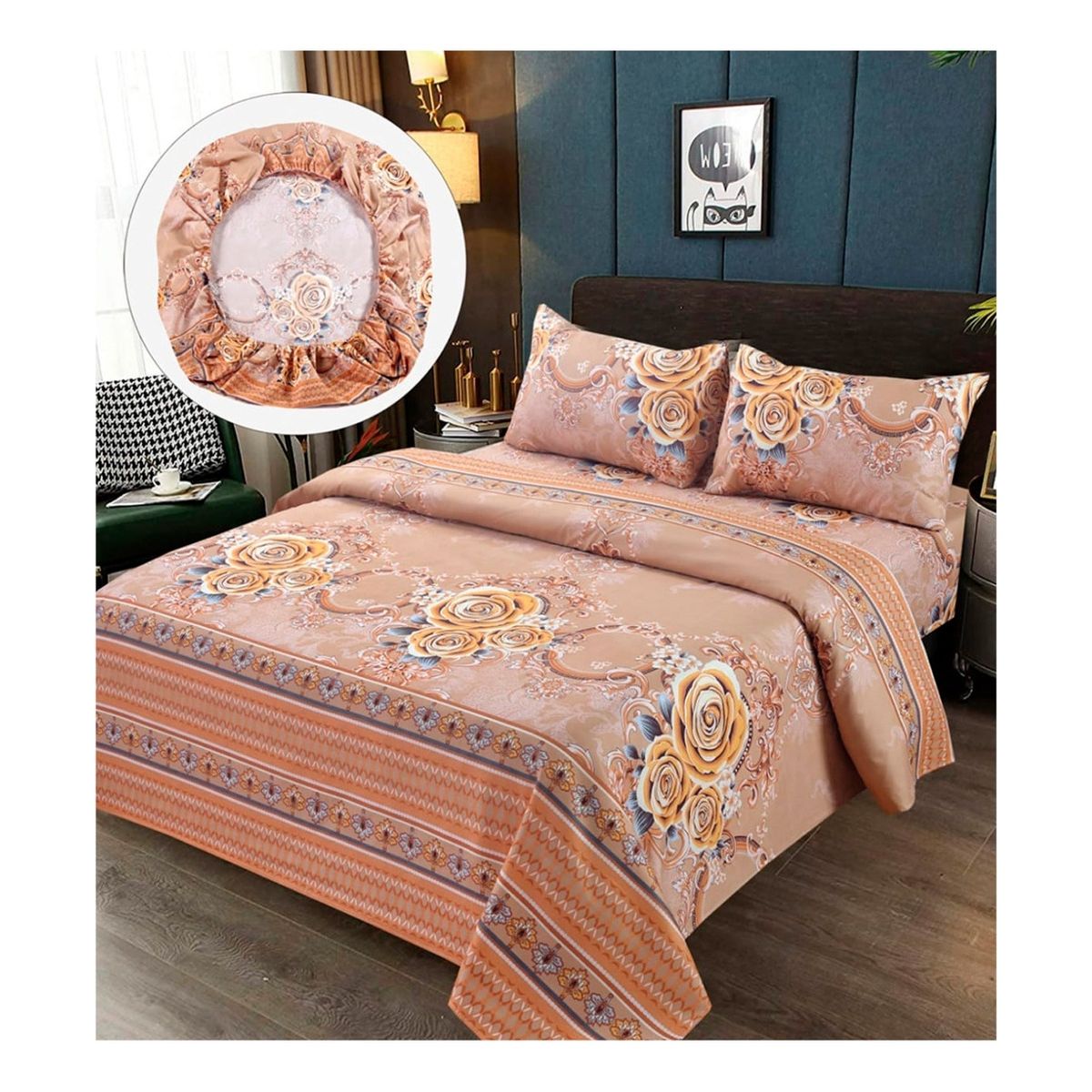 GENERICO - Sabanas Premium  Algodón 2.5 Plaza King Naranja Flor