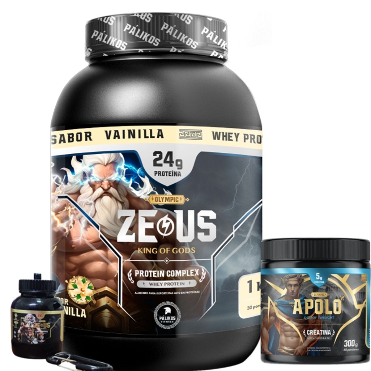 PALIKOS FITNESS - Proteina Zeus Complex 1kg Vainilla  Creatina 300g  Minibottle