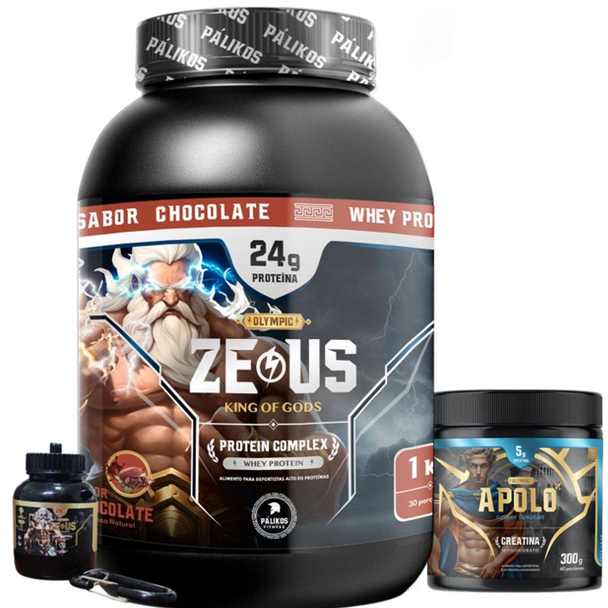 PALIKOS FITNESS - Proteina Zeus Complex 1kg Chocolate  Creatina 300g  Minibottle