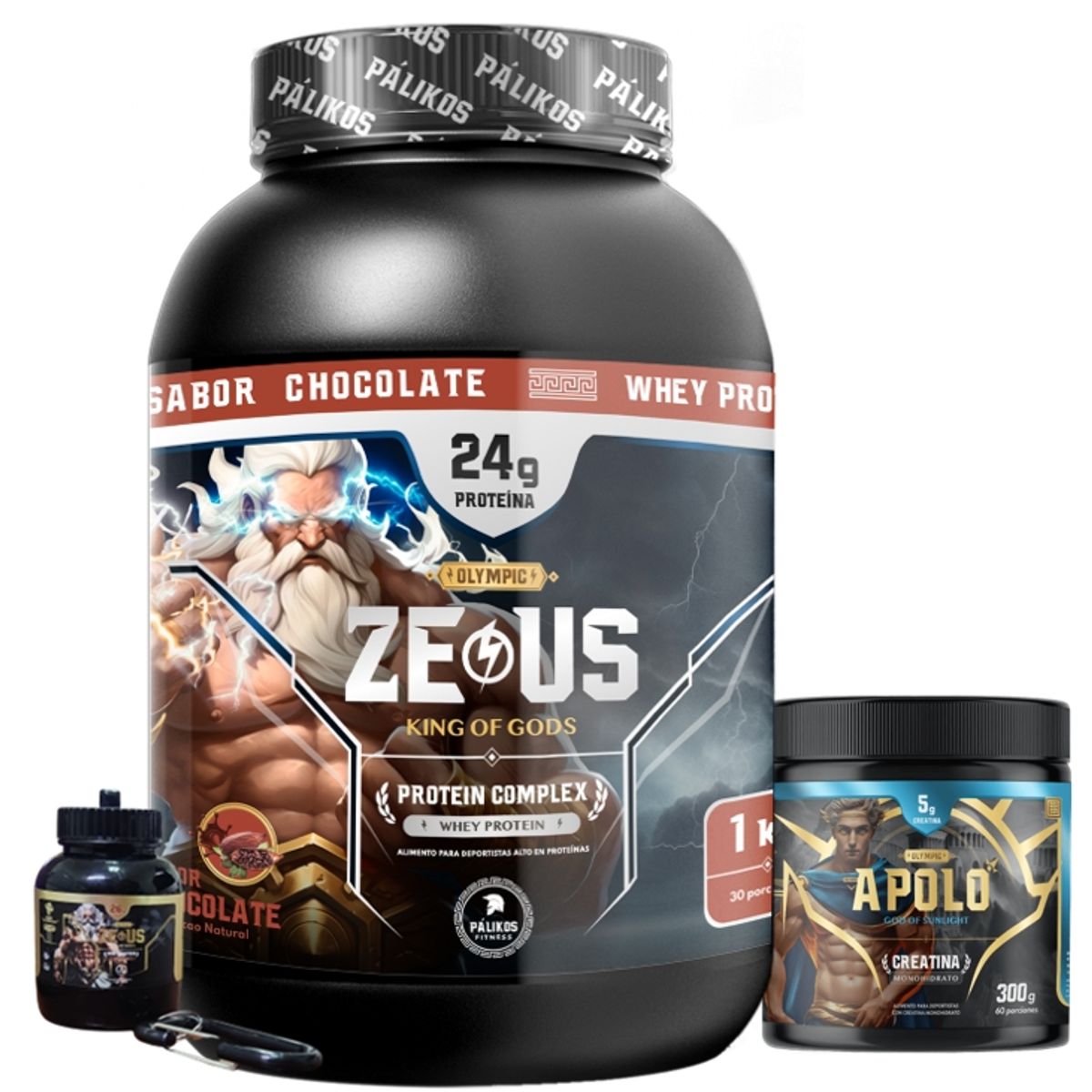 PALIKOS FITNESS - Proteina Zeus Complex 1kg Chocolate  Creatina 300g  Minibottle