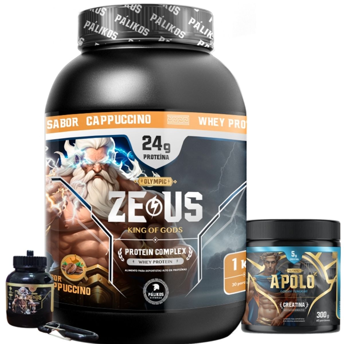 PALIKOS FITNESS - Proteina Zeus Complex 1kg Cappuccino/ Creatina 300g/  Minibottle