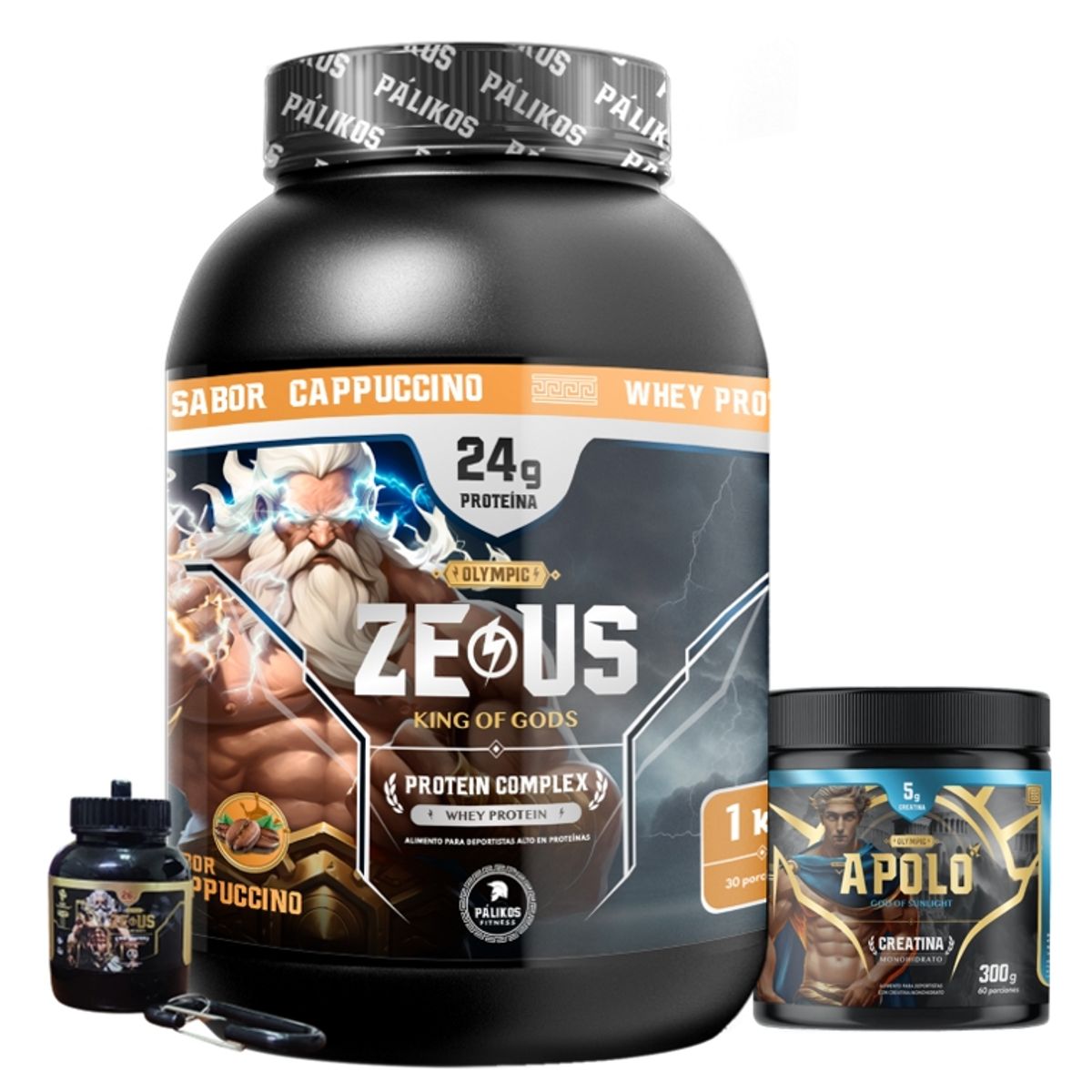 PALIKOS FITNESS - Proteina Zeus Complex 1kg Cappuccino/ Creatina 300g/  Minibottle