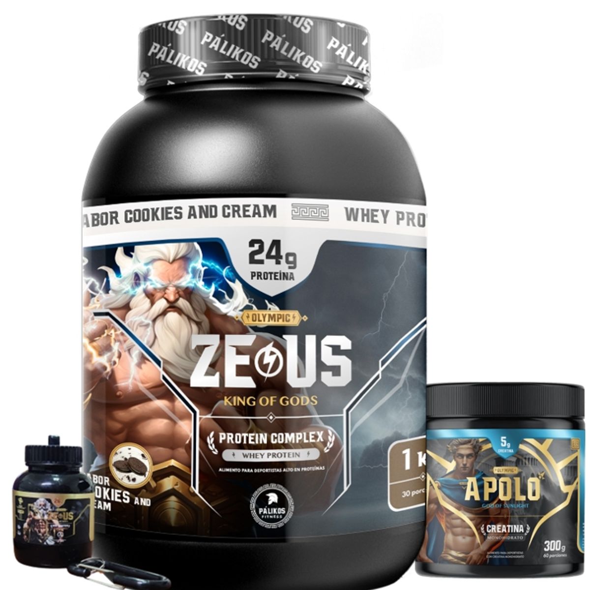 PALIKOS FITNESS - Proteina Zeus Complex 1kg Cookies / Creatina 300g/  Minibottle