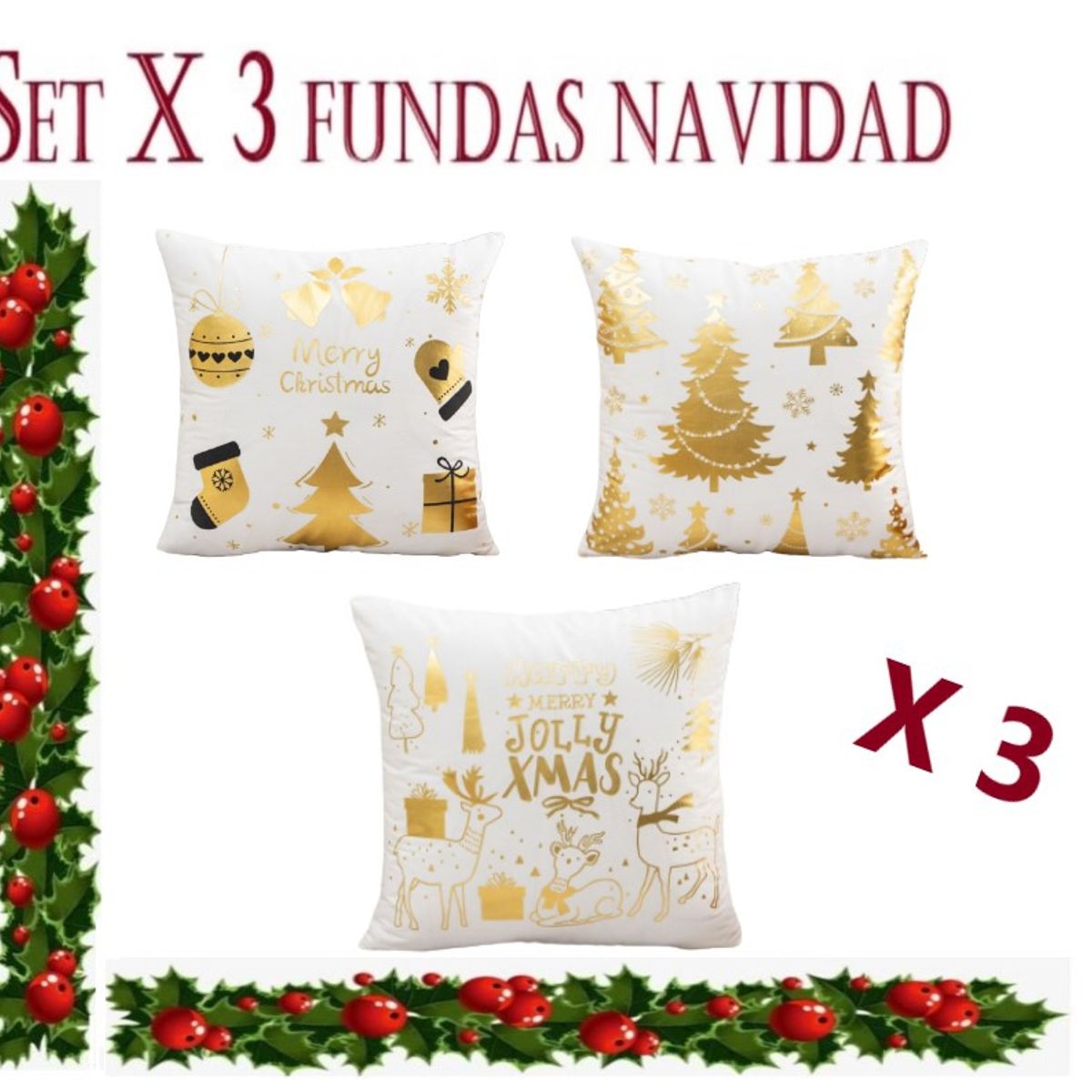 ALMA & DECO - Set X 3 Fundas Cojín Navidad Bco. Dorado Modelos N°2 45x45 Cm.