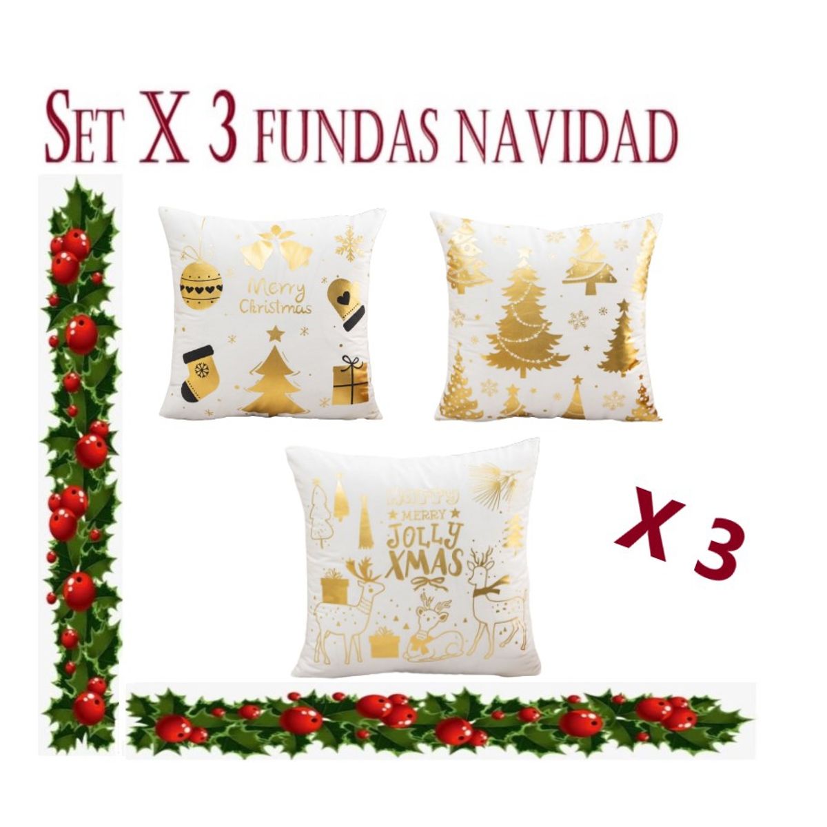 ALMA & DECO - Set X 3 Fundas Cojín Navidad Bco. Dorado Modelos N°2 45x45 Cm.