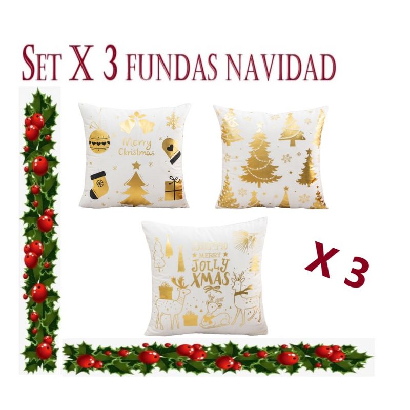 COMPRAPO - Set X 3 Fundas Cojín Navidad Bco. Dorado Modelos N°2 45x45 Cm.