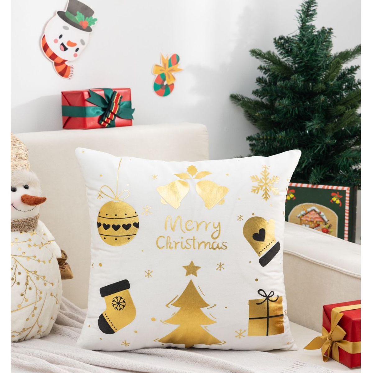 ALMA & DECO - Set X 3 Fundas Cojín Navidad Bco. Dorado Modelos N°2 45x45 Cm.