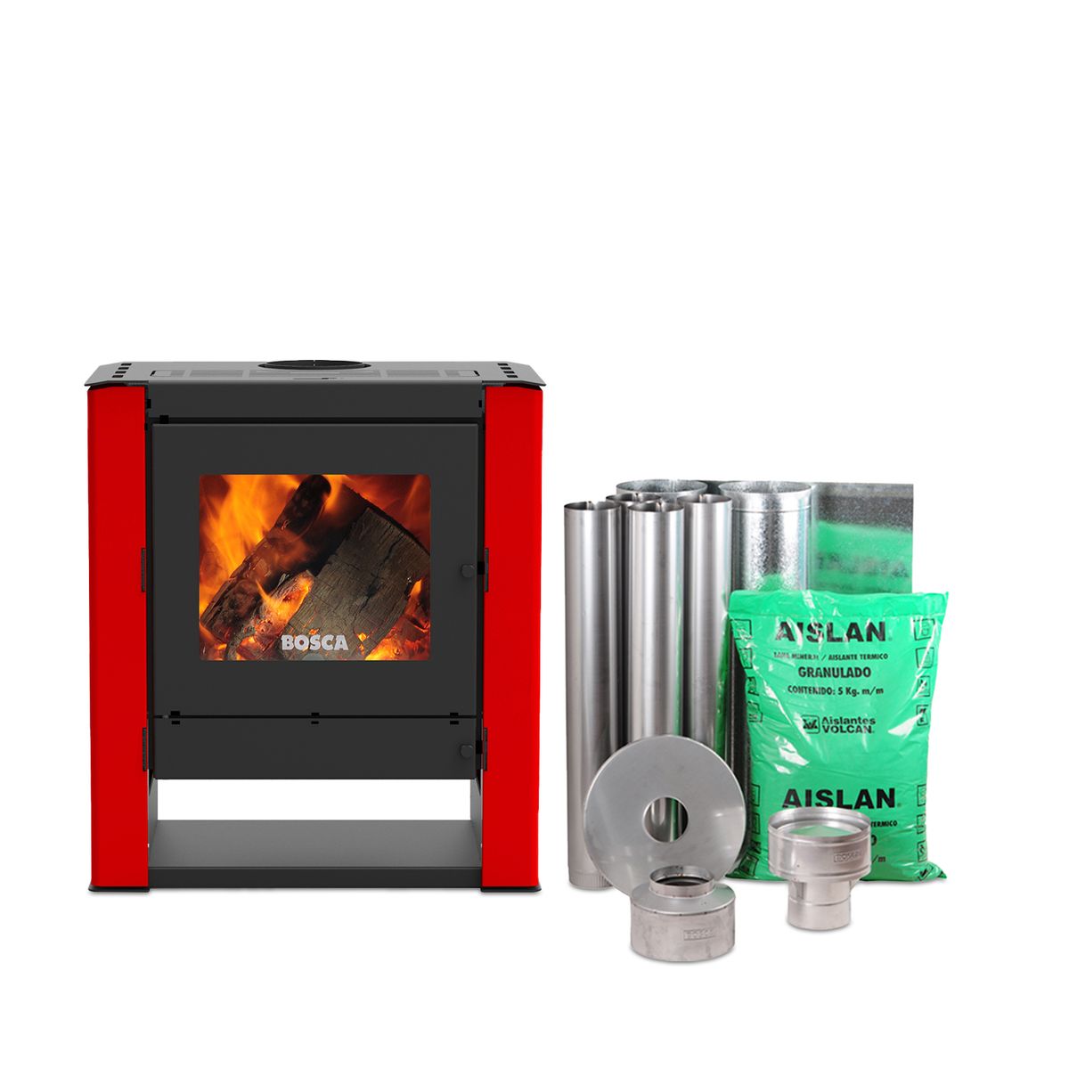 BOSCA - Pack Estufa a Leña Gold 500 Rojo + kit de Instalación
