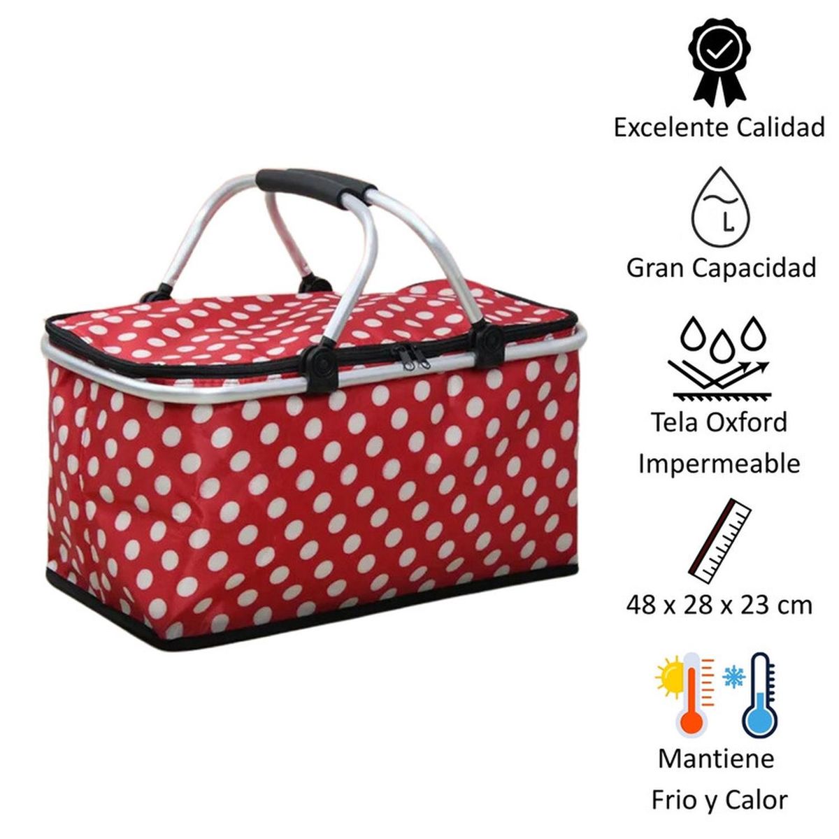 AUCKLAND OUTDOOR - Bolso Termico Plegable Puntos Rojos Cooler Canasta Picnic