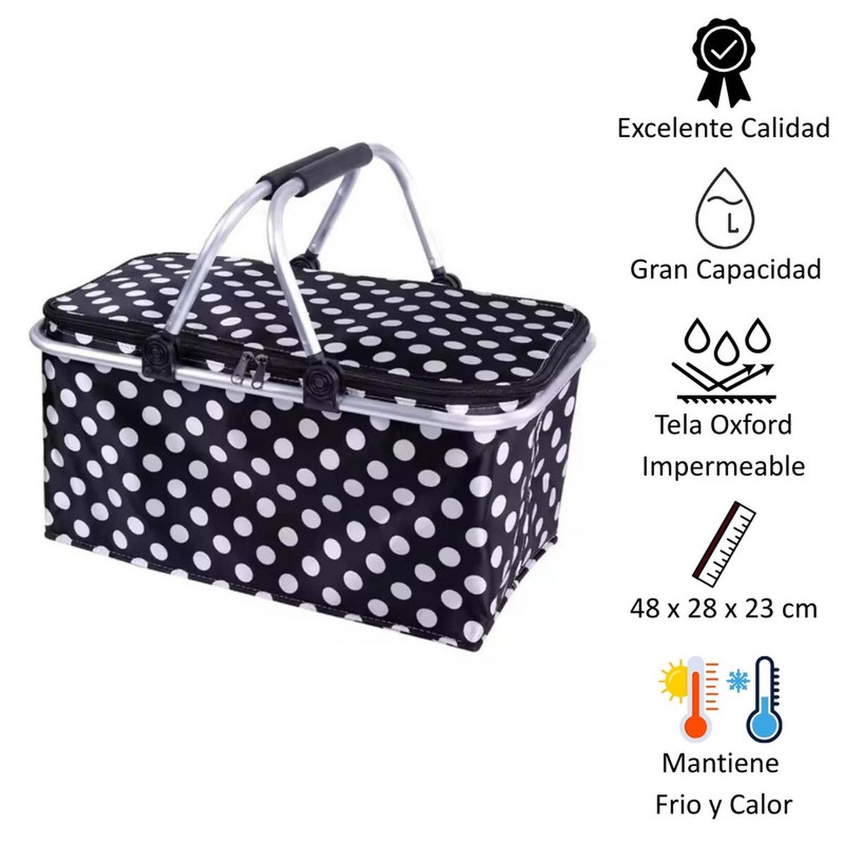 AUCKLAND OUTDOOR - Bolso Termico Plegable Puntos Negros Cooler Canasta Picnic