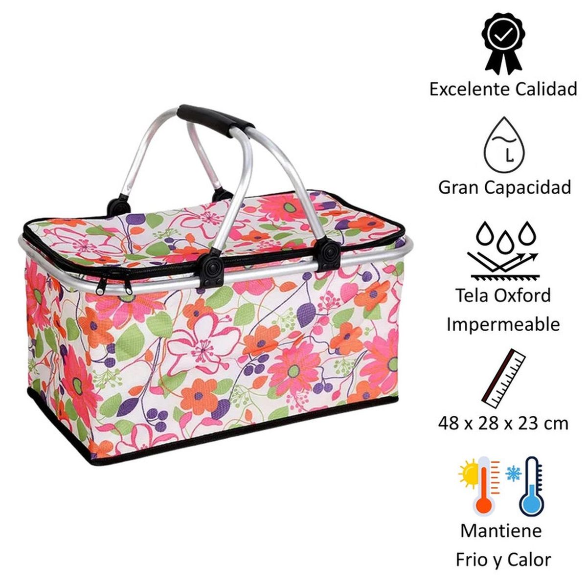AUCKLAND OUTDOOR - Bolso Termico Plegable Flores Rosa Cooler Canasta Picnic