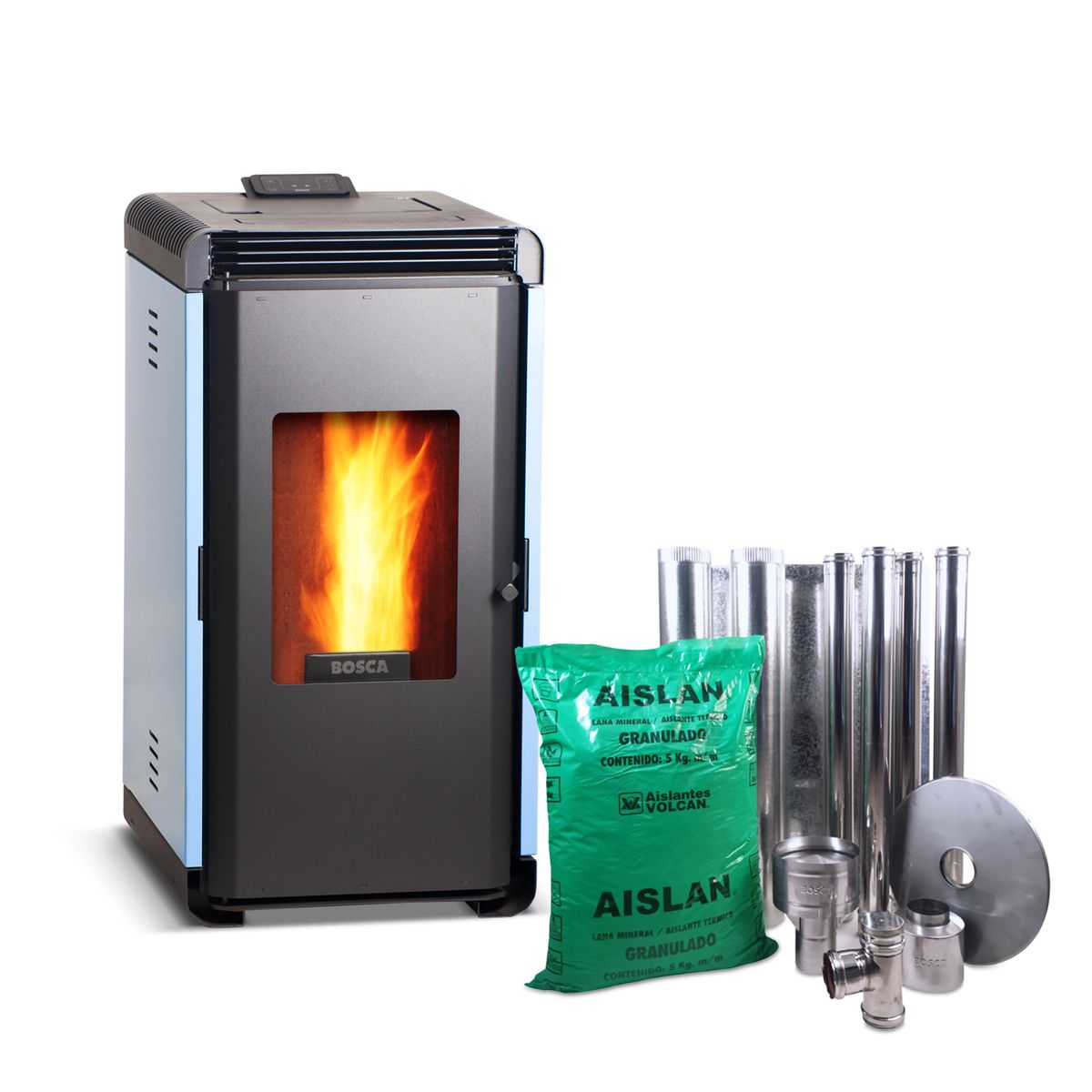 BOSCA - Estufa a pellet Hera+ Azul + kit de Instalación