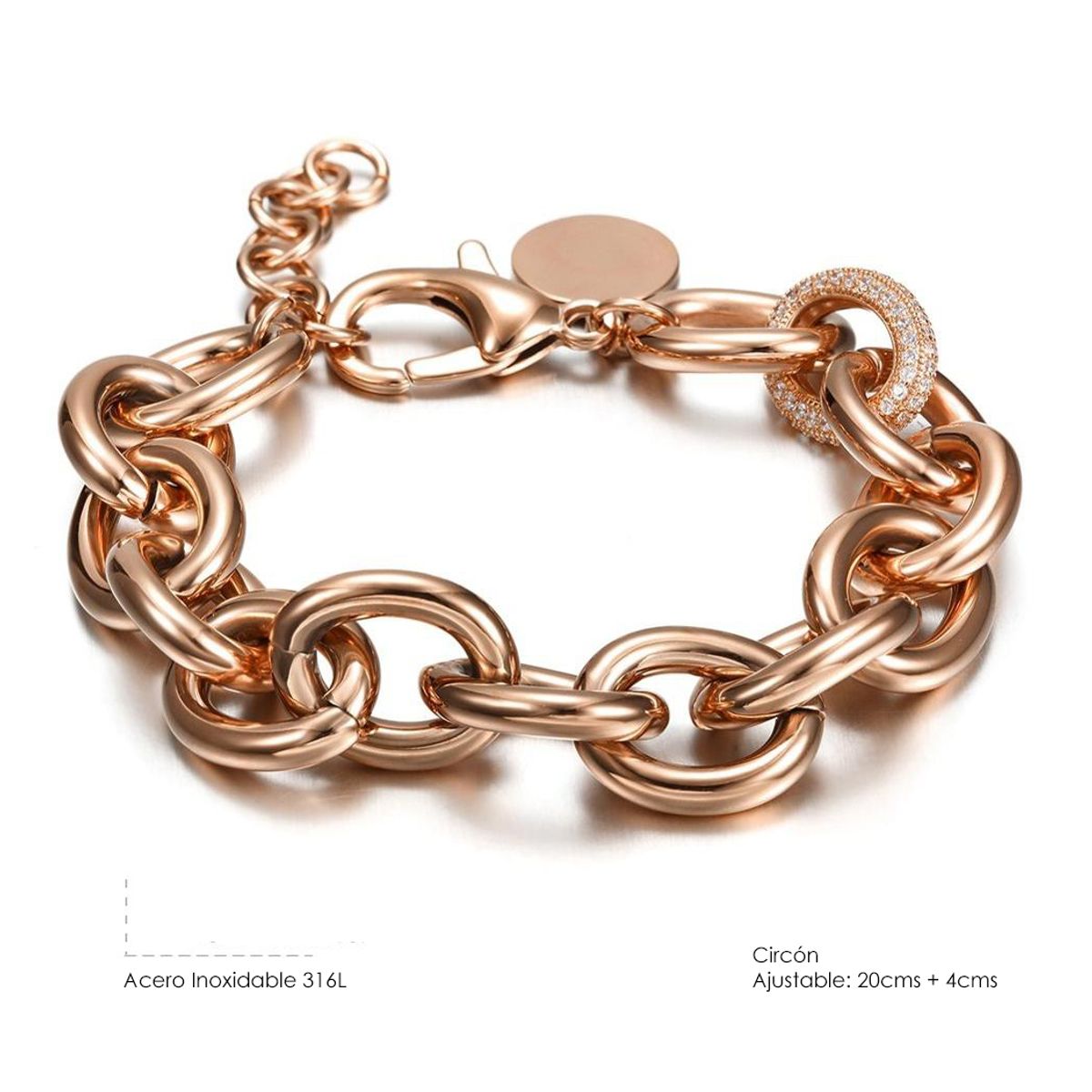 VANE COLLECTION - Pulsera para mujer fina eslabón acero baño oro rosado y circones pavé