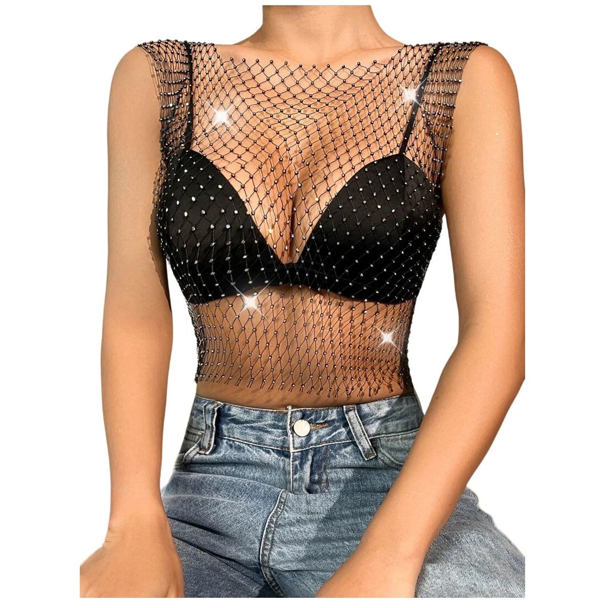 GARSIL - Polera Para Mujer Tipo Malla De Mangas Corta Con Cristales y Brillos