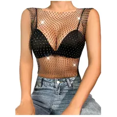 GARSIL - Polera Para Mujer Tipo Malla De Mangas Corta Con Cristales y Brillos