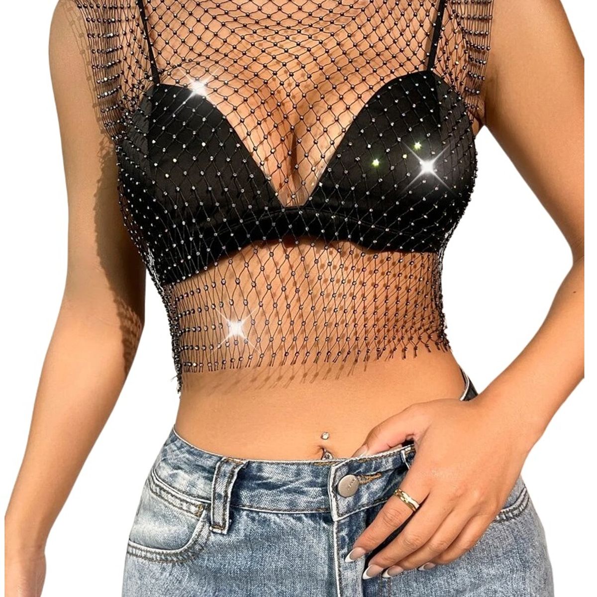 GARSIL - Polera Para Mujer Tipo Malla De Mangas Corta Con Cristales y Brillos