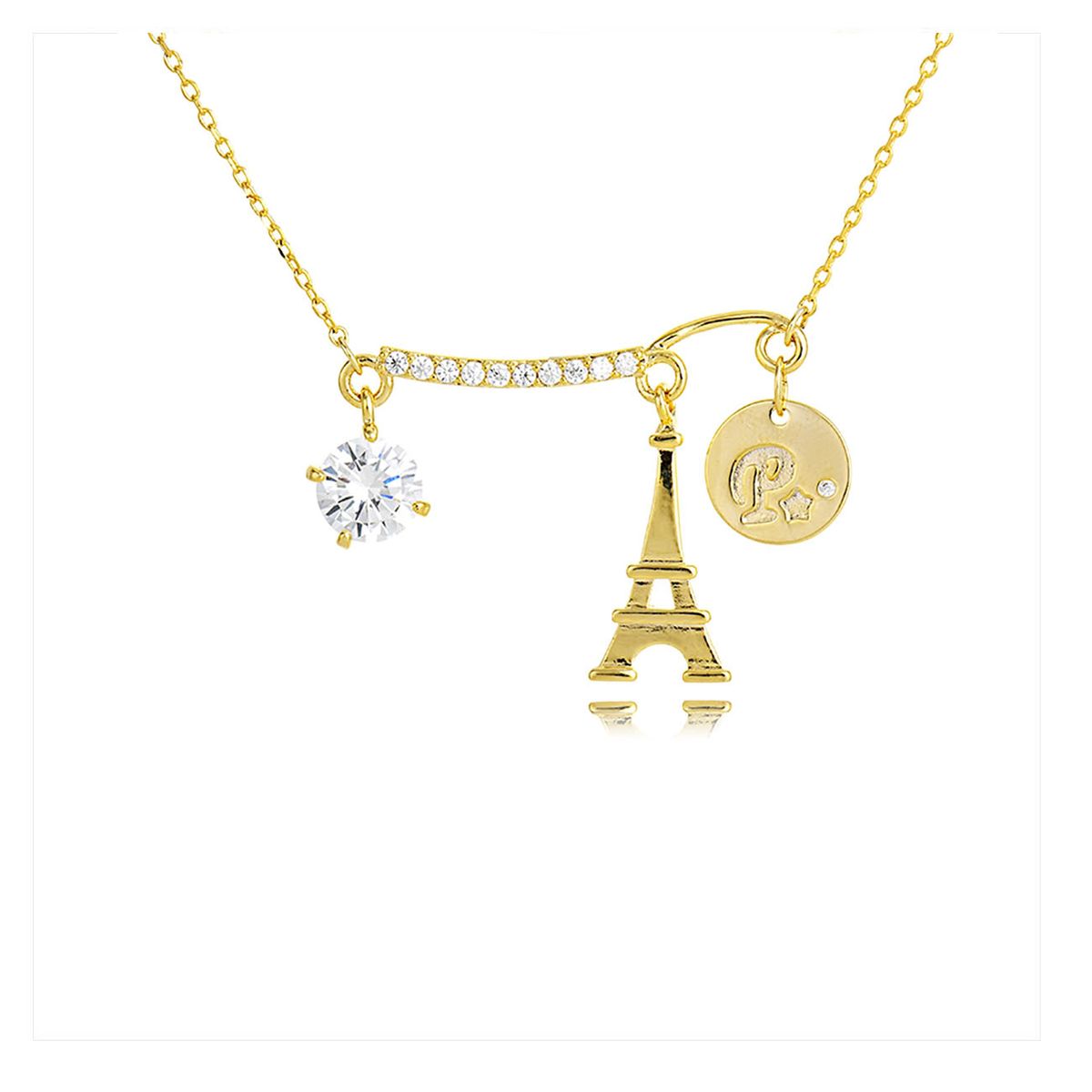 VANE COLLECTION - Collar para mujer cadena fina dorada baño de oro y circones eiffel paris