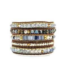 VANE COLLECTION - Pulsera mujer hecha a mano en cuero y piedras en azul varias vueltas