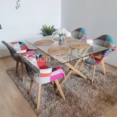 CORI CORI - Comedor Medlock Vidrio 140x90 + 4 Butacas Patchwork Multicolor
