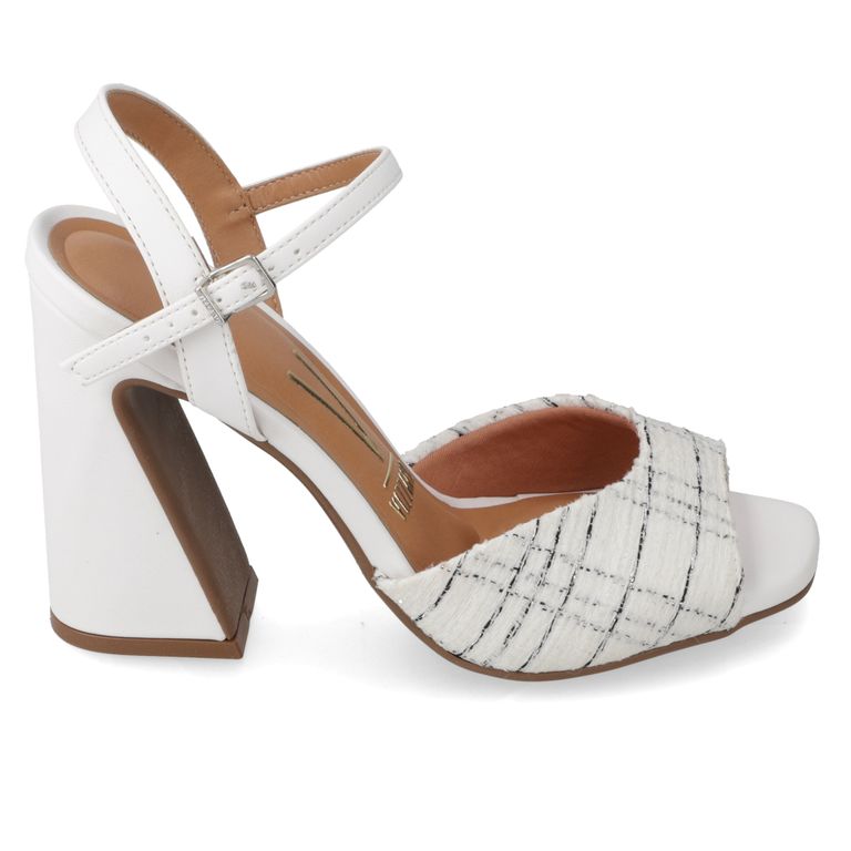 Sandalia Taco Cuadrado Textil Blanco