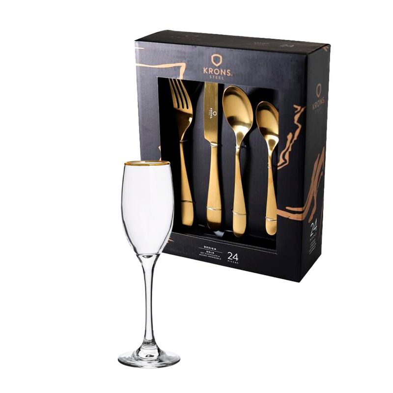GENERICO - Pack 6 Copas Champagne 180ml + Cuchilleria Gold 24pcs Krons