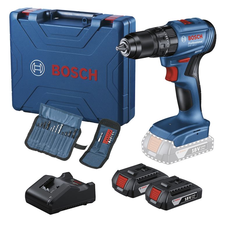 BOSCH - Kit Taladro Percutor Inal GSB 185-LI Bosch 2 Bat+Car+23Acc.