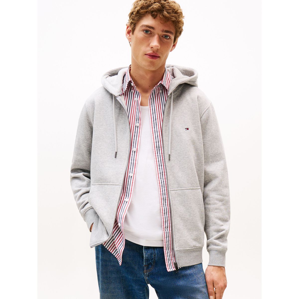 TOMMY HILFIGER - Polerón Hoodie Con Cierre Logo Gris Tommy Hilfiger