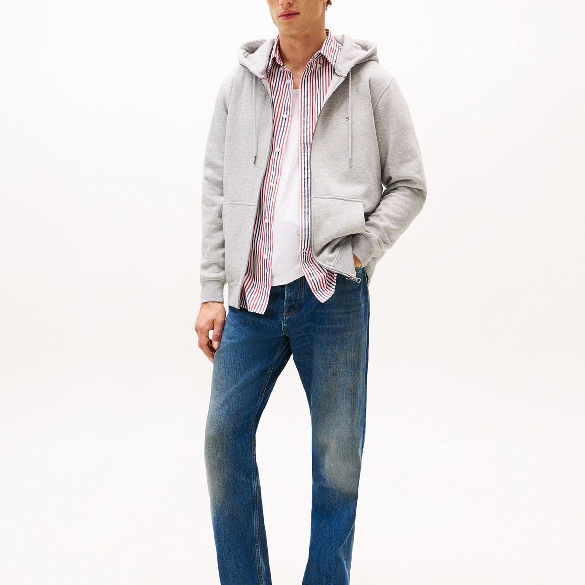 TOMMY HILFIGER - Polerón Hoodie Con Cierre Logo Gris Tommy Hilfiger