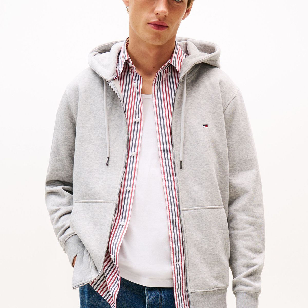 TOMMY HILFIGER - Polerón Hoodie Con Cierre Logo Gris Tommy Hilfiger