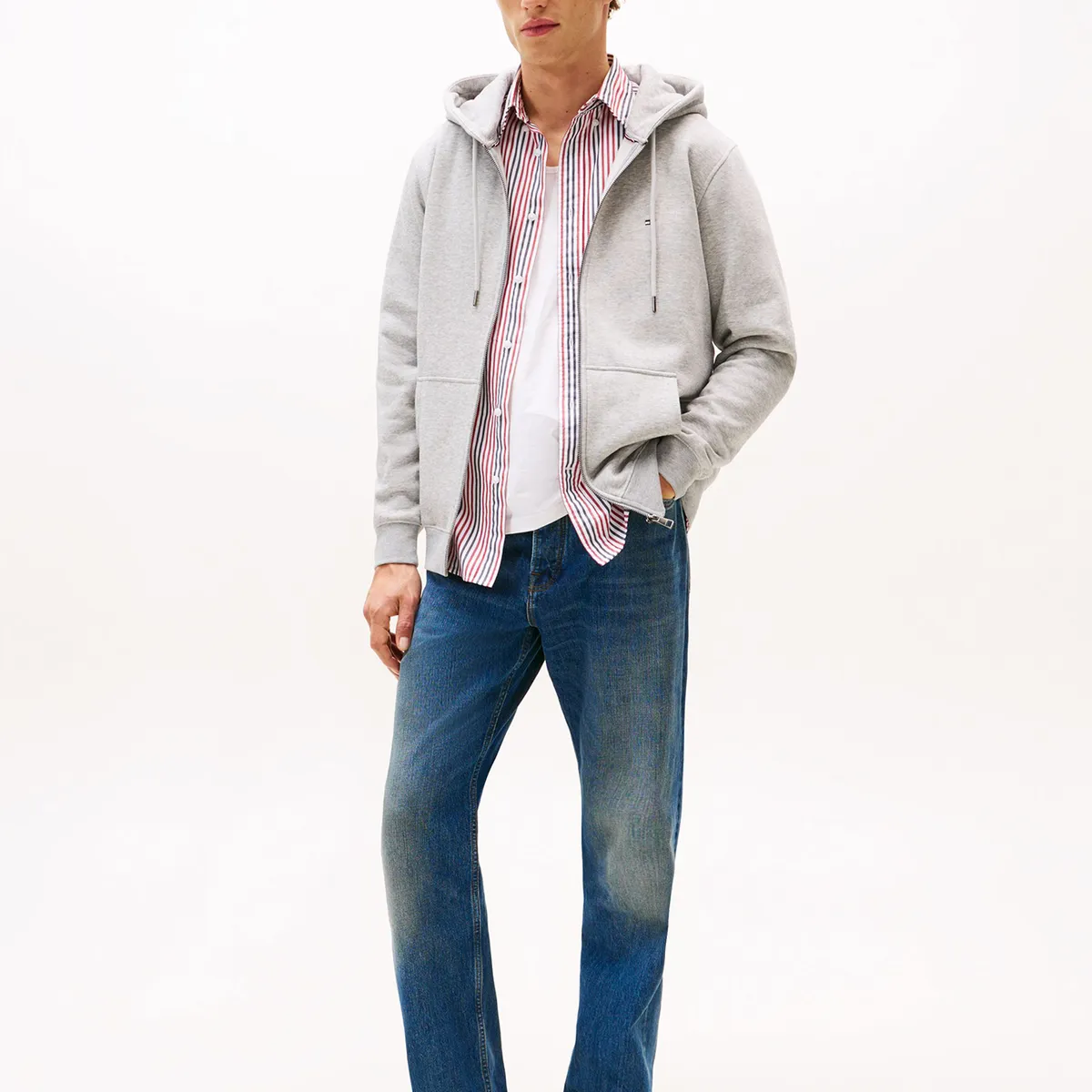 TOMMY HILFIGER - Polerón Hoodie Con Cierre Logo Gris Tommy Hilfiger