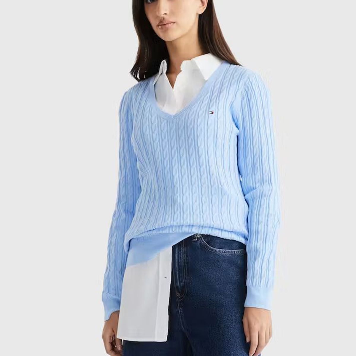 TOMMY HILFIGER - Sweater Tejido Cable De Cuello V Celeste Tommy Hilfiger