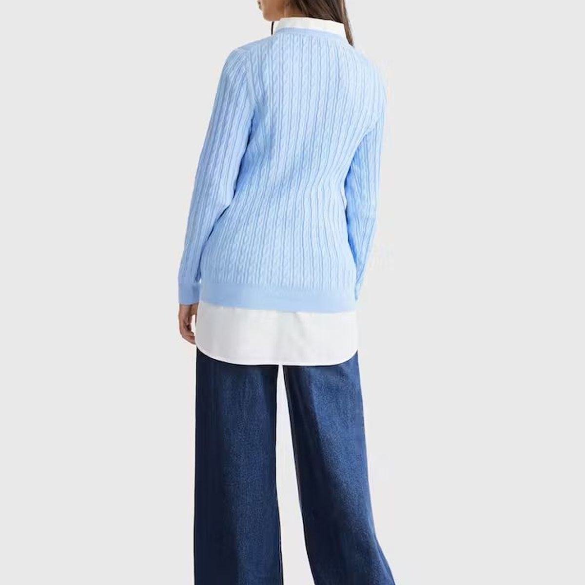 TOMMY HILFIGER - Sweater Tejido Cable De Cuello V Celeste Tommy Hilfiger