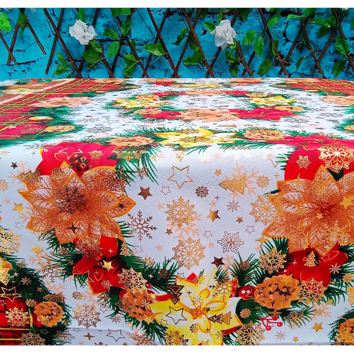 GENERICO - MANTEL DE TELA MESA LARGA NAVIDAD DISEÑO TOP CORONA DORADA