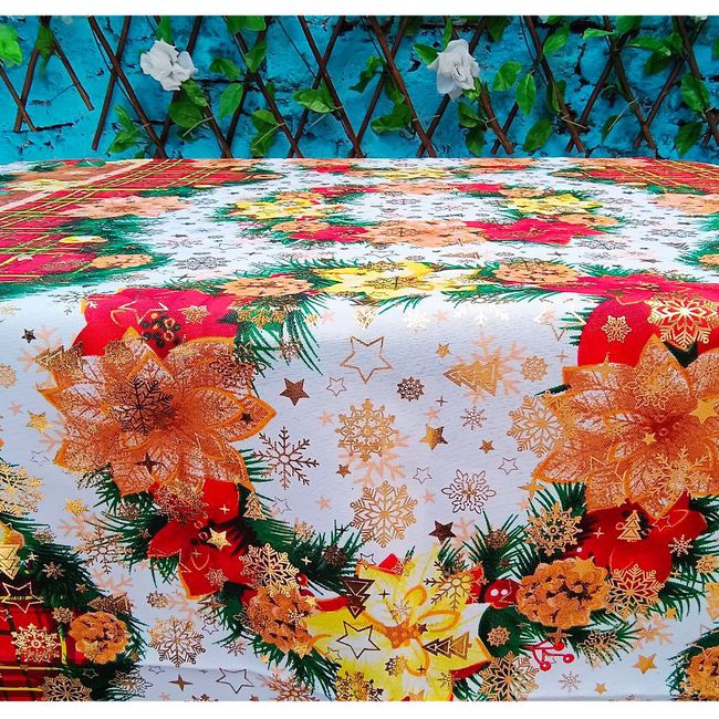 GENERICO - MANTEL DE TELA MESA LARGA NAVIDAD DISEÑO TOP CORONA DORADA